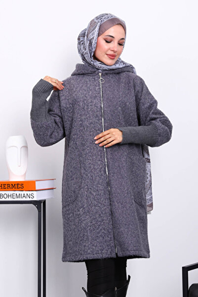 İmajButik Μάλλινο παλτό με φερμουάρ καπνιστό