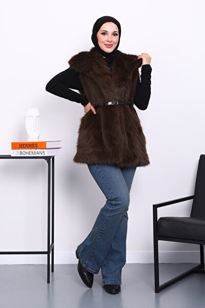 İmajButik Γούνινο γιλέκο με καφέ επένδυση και ζώνη