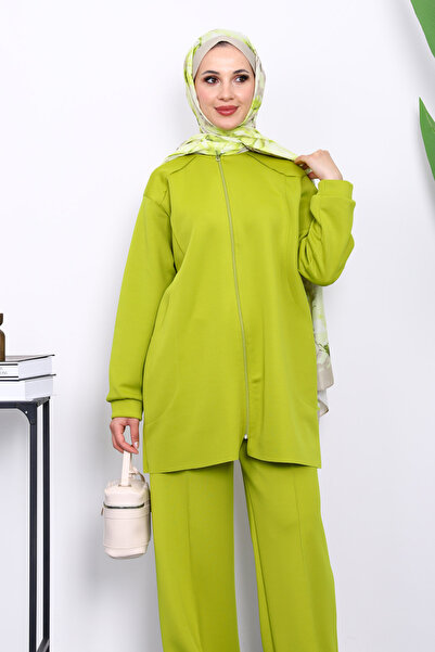 İmajButik Oil Green Zippered Tunic Pants Scuba Suit