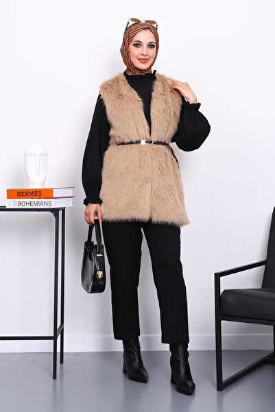İmajButik Biscuit Belted Lined Fur Vest
