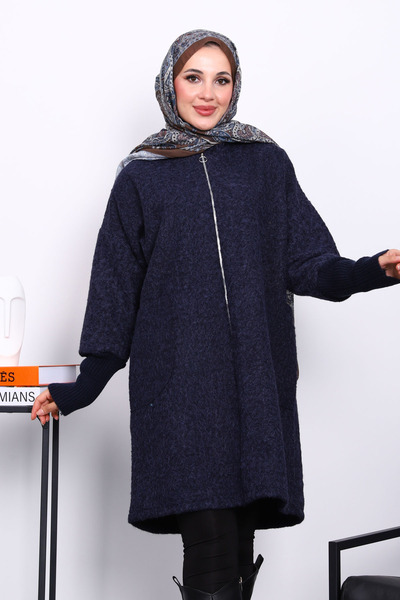 İmajButik Μπουφάν από μαλλί με φερμουάρ σε μπλε ναυτικό χρώμα