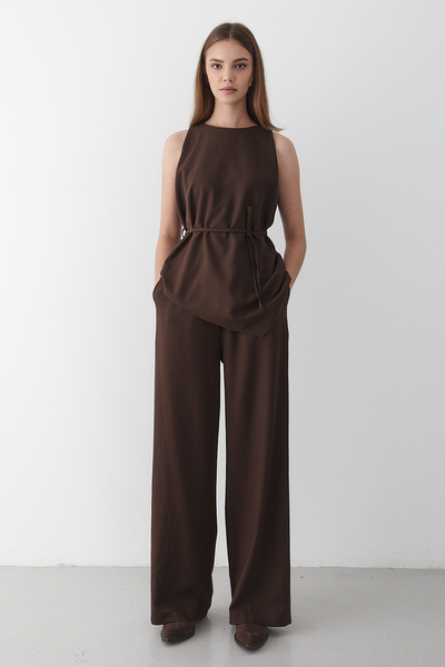 JASTE Women's Brown Crew Neck Blouse with Belt Detail & Elastic Waist Pants Top & Bottom Set