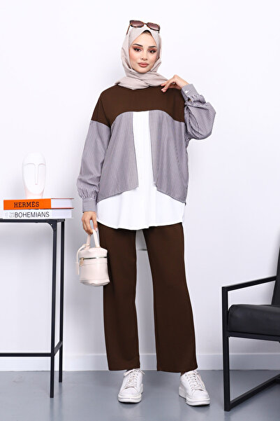 İmajButik Καφέ συνδυασμός υφασμάτων Σετ Modal με Παντελόνι Τουνίκ