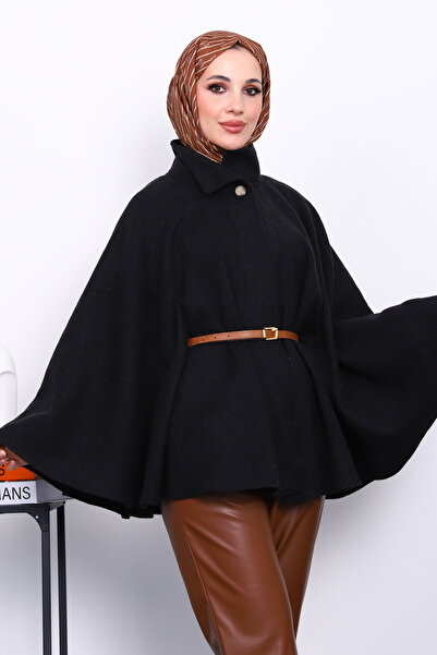 İmajButik Black Judge Collar Waist Belted Poncho
