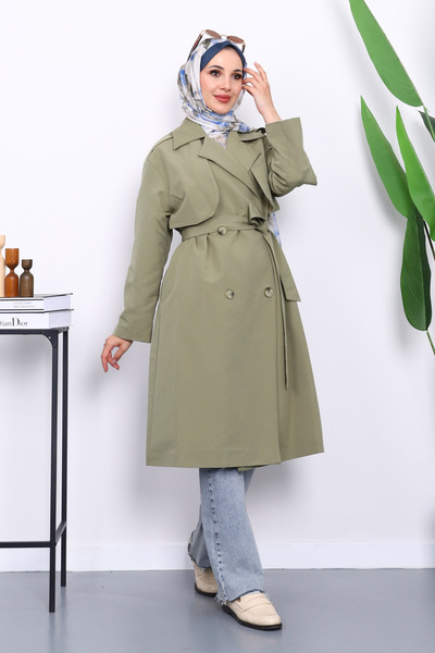 İmajButik Khaki Kravuze Collar Belted Pocketed Trench Coat
