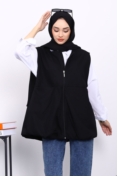 İmajButik Black Zippered Oversized Lined Vest