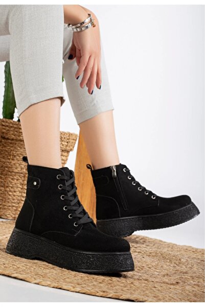 Mc vay Shoes Γυναικείες μπότες 014 μαύρες σουέτ με πέτρα με γούνα εσωτερικά, κομψές ορθοπεδικές μπότες με κορδόνια και φερμουάρ