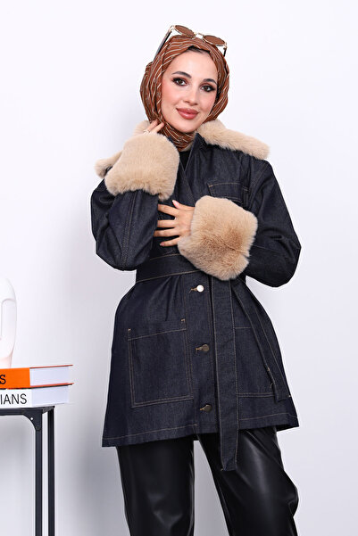 İmajButik Μπουφάν τζιν με βελούδινο μανίκι με γιακά σε μπλε ναυτικό χρώμα