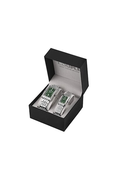 Daniel Klein Pair DK.1.14011.4 Couple Watch Set – Rectangular Silver Case, Green Dial, Stainless S