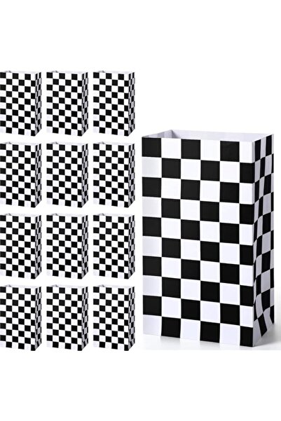 Generic Checkered Racing Therapy Bag 30 Packs, Black and White Racing Favor Bags, Brown Paper Popcorn Boxes