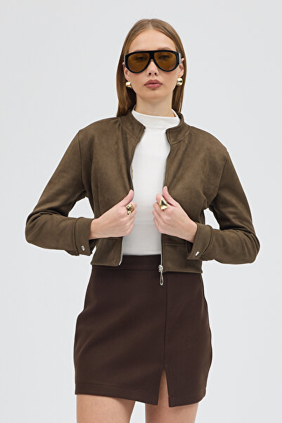 DazzUp سترة نسائية قصيرة من الجلد الصناعي