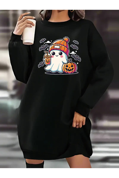 Pink Sky Cadılar Bayramı Desenli Kışlık Sweatshirt Elbise