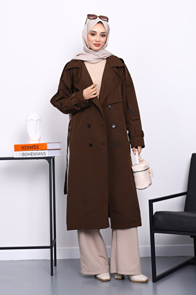 İmajButik Καφέ καμπαρντίνα με επένδυση με διπλό πέτο γιακά