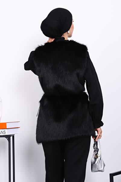 İmajButik Black Belted Lined Fur Vest