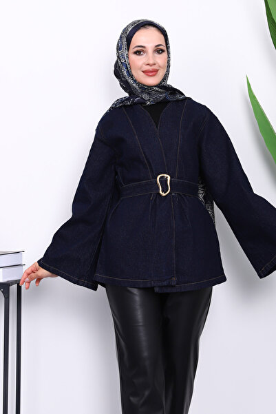 İmajButik Navy Blue Wide Sleeve Belted Denim Jacket