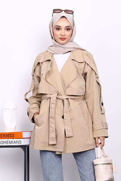 İmajButik Taş Kruvaze Yaka Astarlı Kısa Trençkot