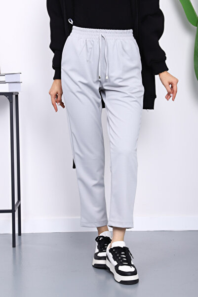 İmajButik Açık Gri Beli Lastikli Cepli Double Pantolon