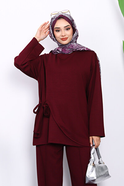 İmajButik Mürdüm Yandan Kuşak Bağlamalı Pantolonlu Takım