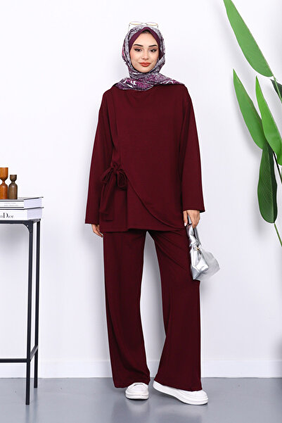 İmajButik Mürdüm Yandan Kuşak Bağlamalı Pantolonlu Takım