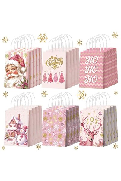 Generic PINKE 24 Pcs Pink Christmas Party Favors Bags, Christmas Goodie Gift Bags with Handles, Paper Xmas