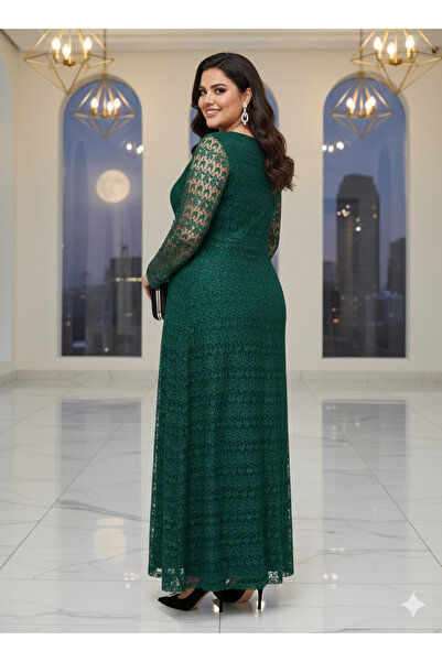 Robes Büyük Beden Zümrüt Yeşil Dantelli Uzun Abiye Elbise / Şık Davet Nişan Düğün Elbisesi