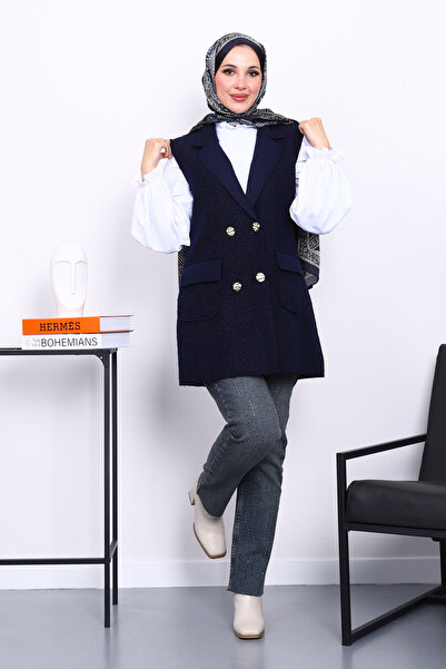 İmajButik Navy Blue Buttoned Boucle Vest