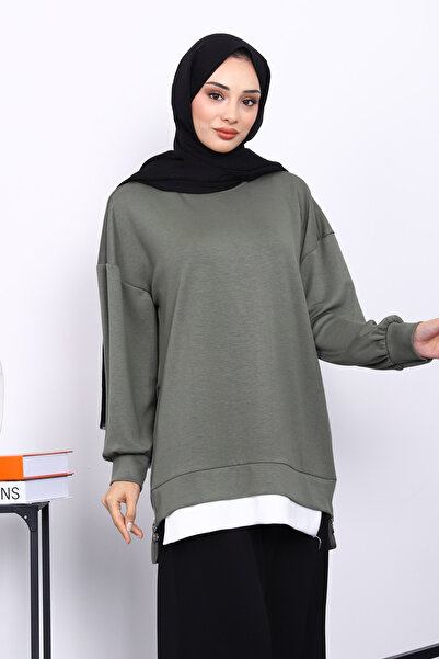 İmajButik Khaki Crew Neck Side Zipper Tunic