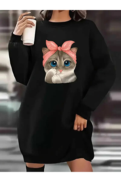 Pink Sky Women's Cat Printed Black Oversized Sweatshirt Dress