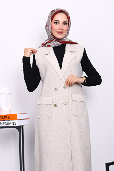 İmajButik Long Boucle Vest with Stone Buttons