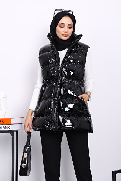 İmajButik Black Zippered Inflatable Patent Leather Vest