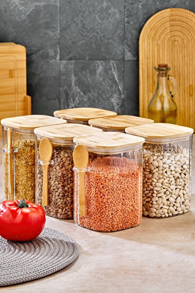 Cooker 6'Lı 1 Litre Bambu Kapaklı Borosilikat Cam Kaşıklı Saklama Kabı Baharat Kavanozu (12x10,2x14,5 Cm)