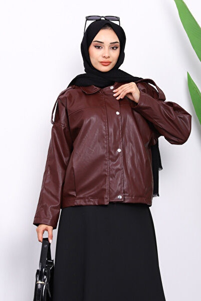 İmajButik Burgundy Leather Jacket with Shoulder Epaulettes