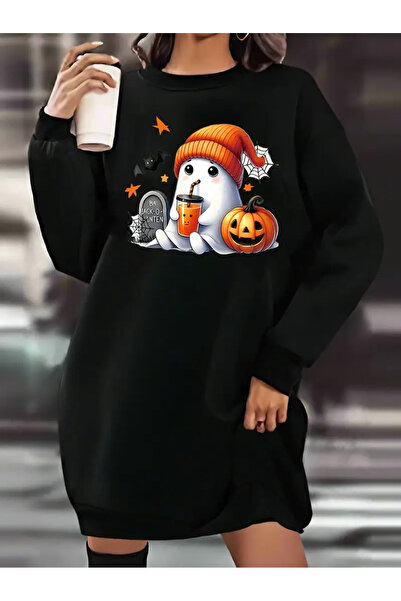 Pink Sky Cadılar Bayramı Desenli Kışlık Sweatshirt Elbise