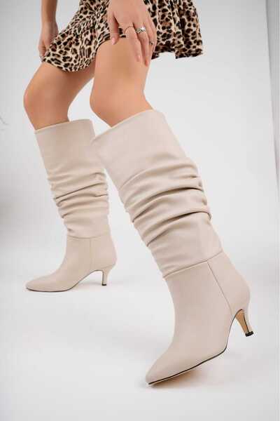 moun shoes Жіночі бежеві черевики на тонкому каблуці з блискавкою нижче коліна