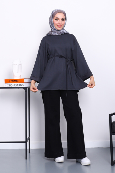 İmajButik Anthracite Tunic with Slit Waist Drawstrings on the Sides