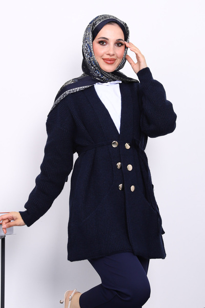 İmajButik Μπλε ναυτικό πλεκτό ζακέτα με λεπτομέρεια τσέπης