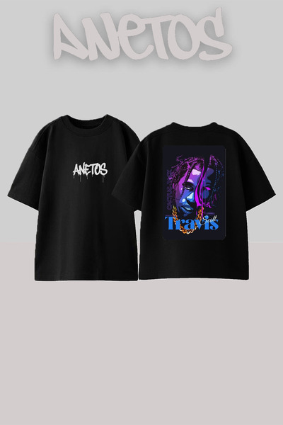 Anetos تي شيرت ترافيس سكوت بتصميم أرجواني مطبوع قطن أسود قصة فضفاضة
