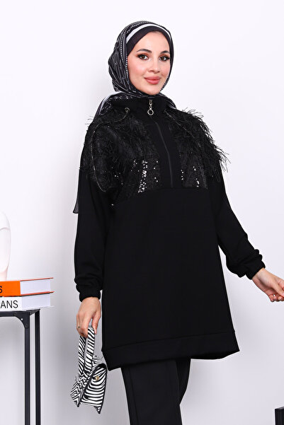 İmajButik Black Collar Zippered Tasseled Tunic