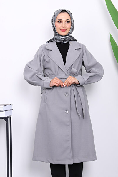 İmajButik Γκρι παλτό με μανίκια με μπαλόνια και ζώνη μέσης