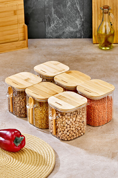 Cooker 6'Lı 700 ML Bambu Kapaklı Borosilikat Cam Kaşıklı Saklama Kabı Baharat...