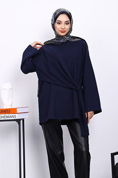 İmajButik Navy Blue Corded Fabric Tunic with Side Shawl