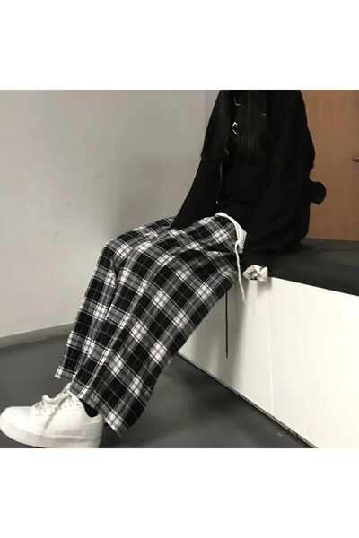 Karakedi Siyah Beyaz Ekose Desen Lastikli Bel Rahat Pantolon