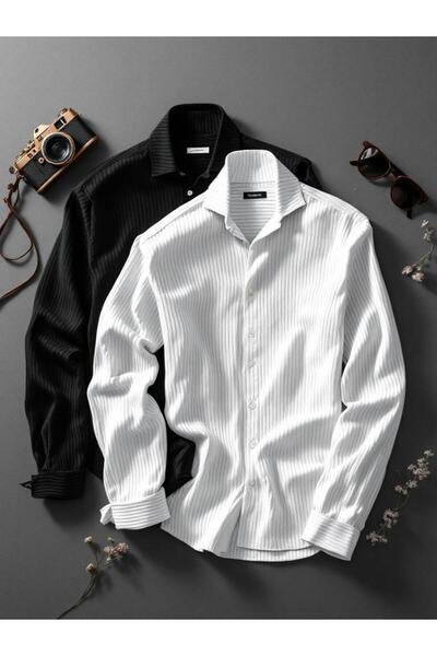 OTAKU 2’li Erkek Fitilli Ottoman Uzun Kollu Gömlek Seti Siyah- Beyaz