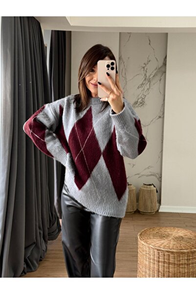 X-Young سترة واسعة بنقشة البقلاوة باللون الرمادي