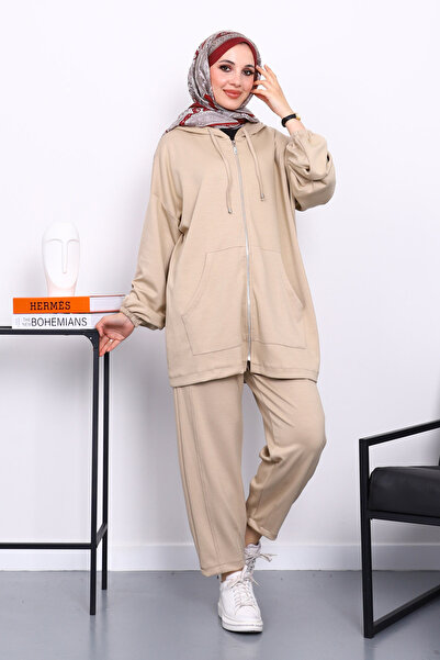 İmajButik Beige Hooded Zippered Tunic Pants Set