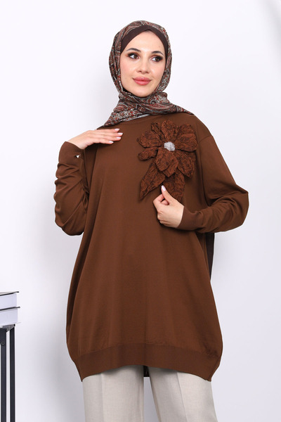 İmajButik Καφέ Πλεκτό Τούνικ με Λεπτομέρεια Λουλουδιών από Ψυχρό Νήματα