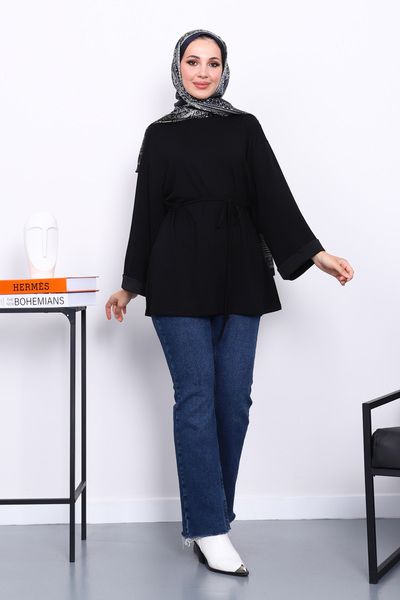 İmajButik Black Tunic with Slits on the Sides and Drawstring Waist