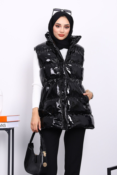 İmajButik Black Zippered Inflatable Patent Leather Vest