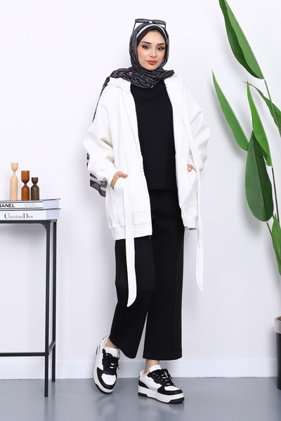 İmajButik Ecru Lace Detailed Three Thread Hooded Cardigan