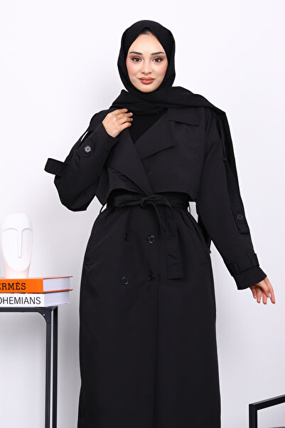 İmajButik Μαύρη καμπαρντίνα με διπλό γιακά με επένδυση